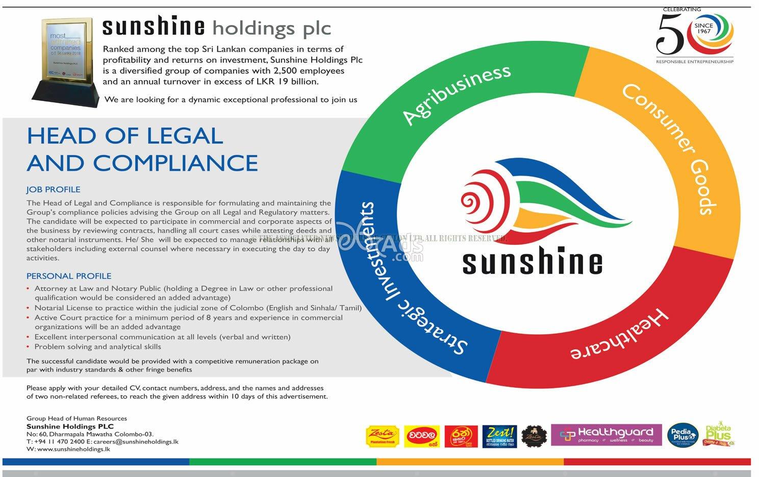 Head of Legal and Compliance Job Vacancy at Sunshine Holdings Plc