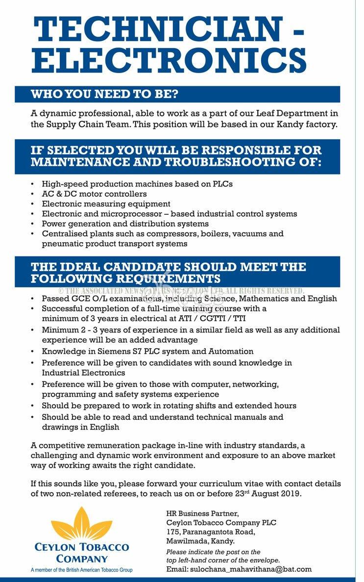 Technician - Electronics Vacancy at Ceylon Tobacco Company
