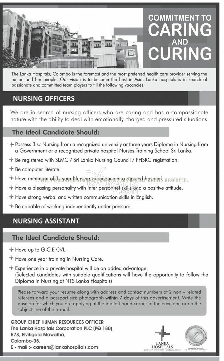 Nursing Officer, Nursing Assistant Vacancy at The Lanka Hospitals Corporation PLC
