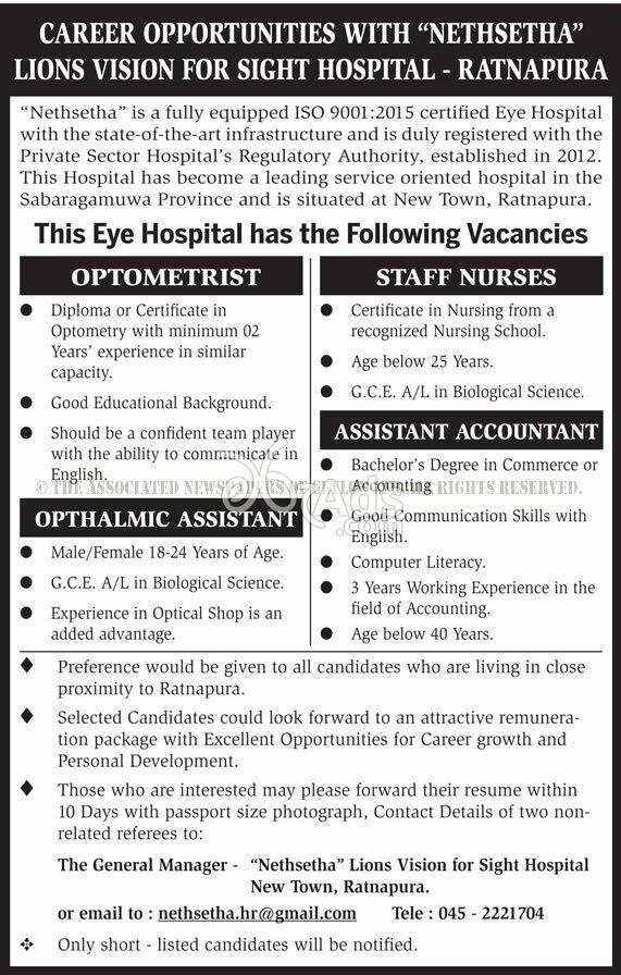 Optometrist, Staff Nurses, Opthalmic Assistant, Assistant Accountant Vacancies at "Nethsetha" Lions Vision for Sight Hospital