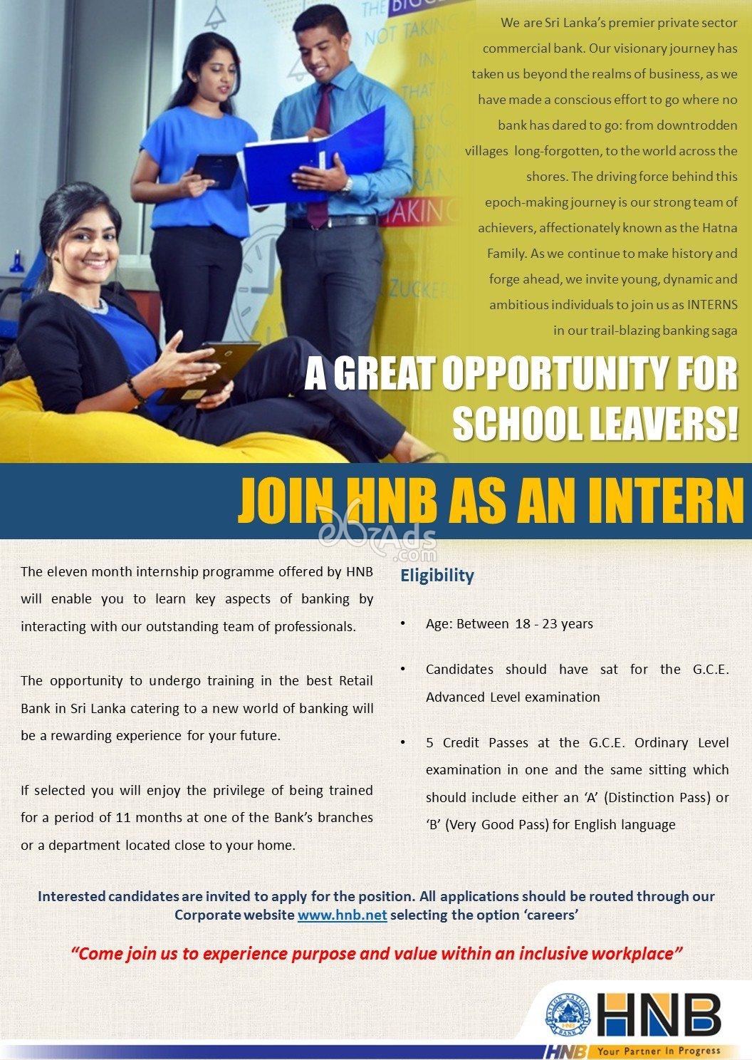 Intern for School Leavers Vacancy at HNB Bank