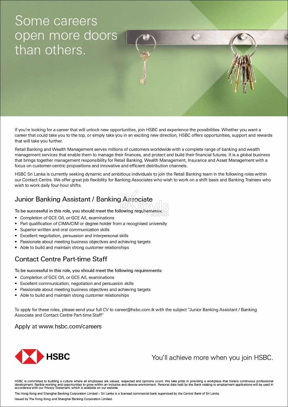 Junior Banking Assistant / Banking Associate Vacancies at HSBC Bank