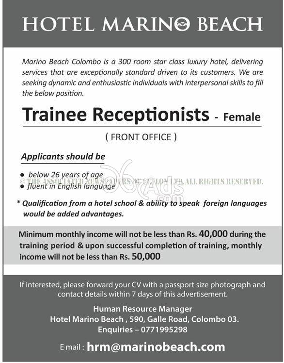 Trainee Receptionists Vacancy at Hotel Marino Beach