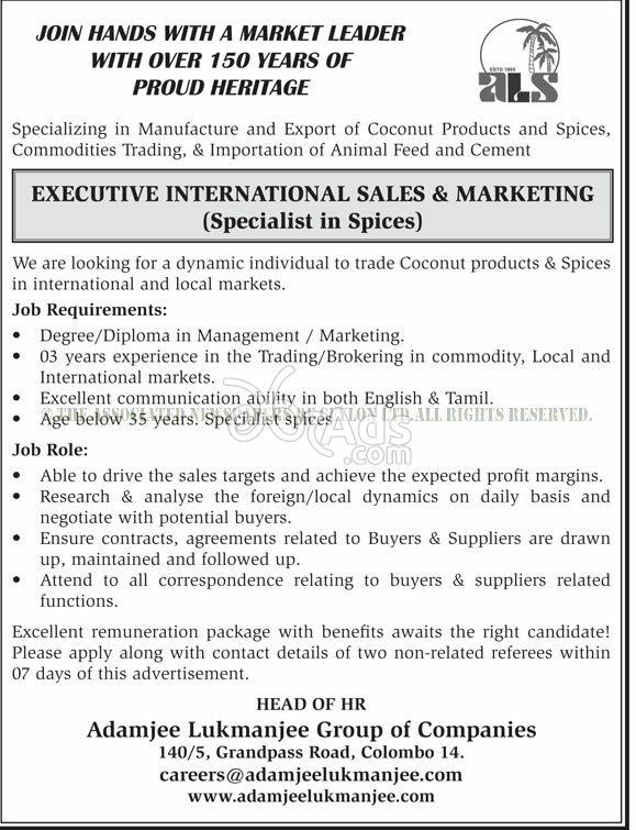Executive International Sales Marketing Vacancy At Adamjee Lukmanjee Group Of Companies Colombo 14