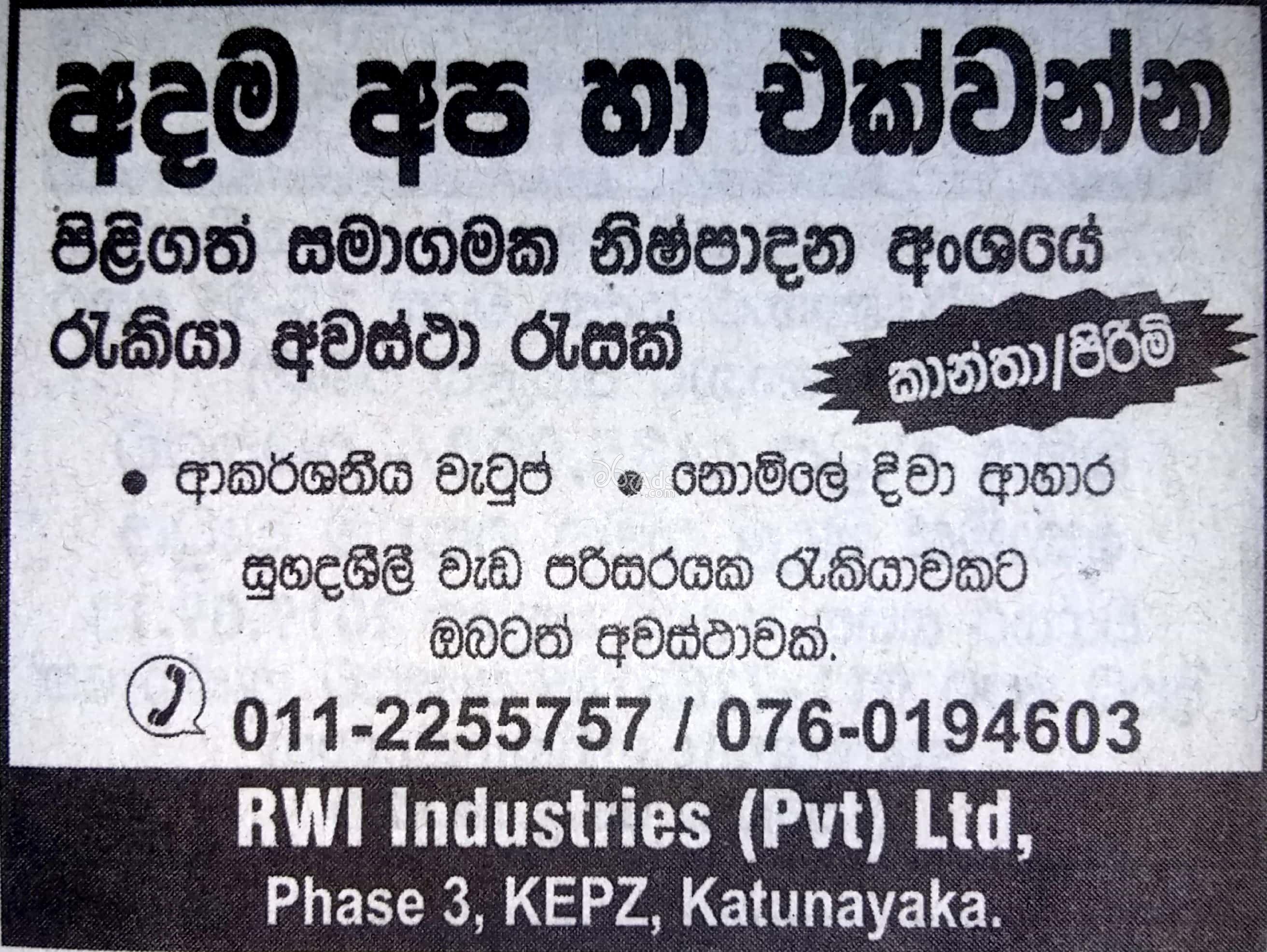 Production Assistant Vacancy at RWI Industries (Pvt) Ltd