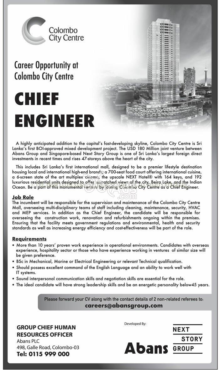 Chief Engineer Vacancy At Colombo City Centre Colombo 03