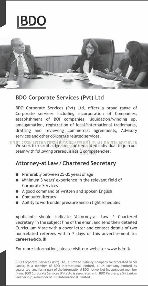 Attorneyat Law / Chartered Secretary Vacancy at BDO Corporate Services