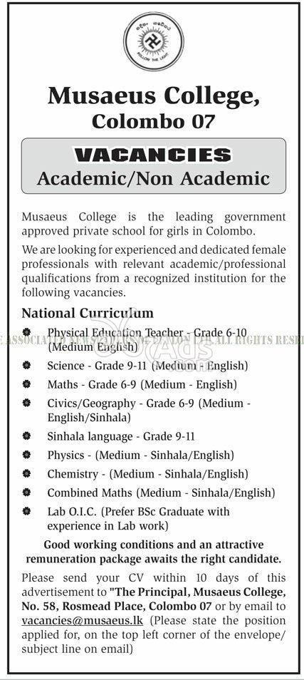 Academic & Non Academic Teachers Job Vacancies at Musaeus College