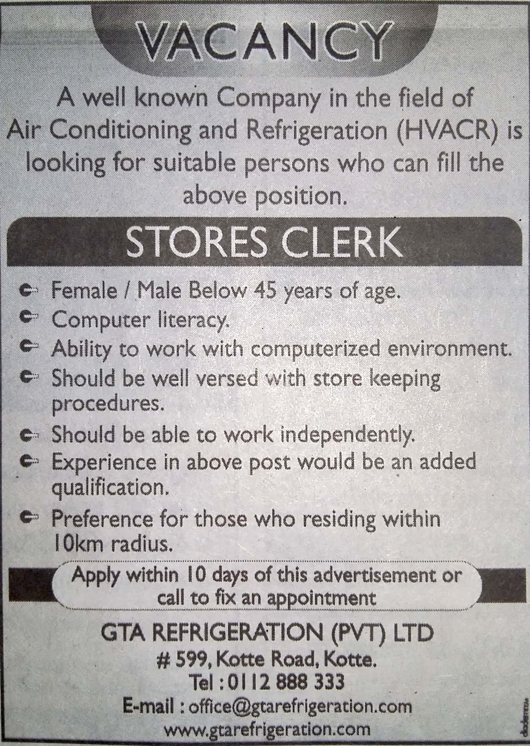 Store Clerk Vacancies at GTA Refrigeration (pvt) Ltd
