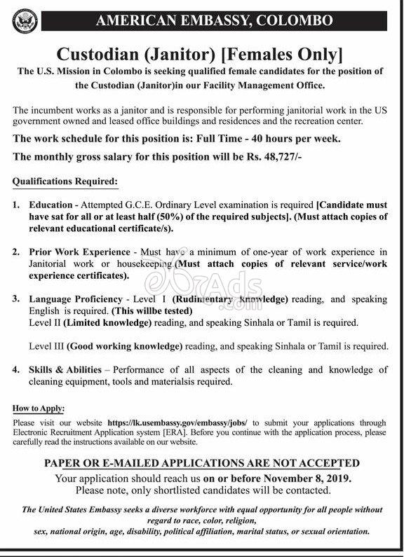 Custodian (Janitor) Government Job Vacancies at American Embassy (US Embassy)