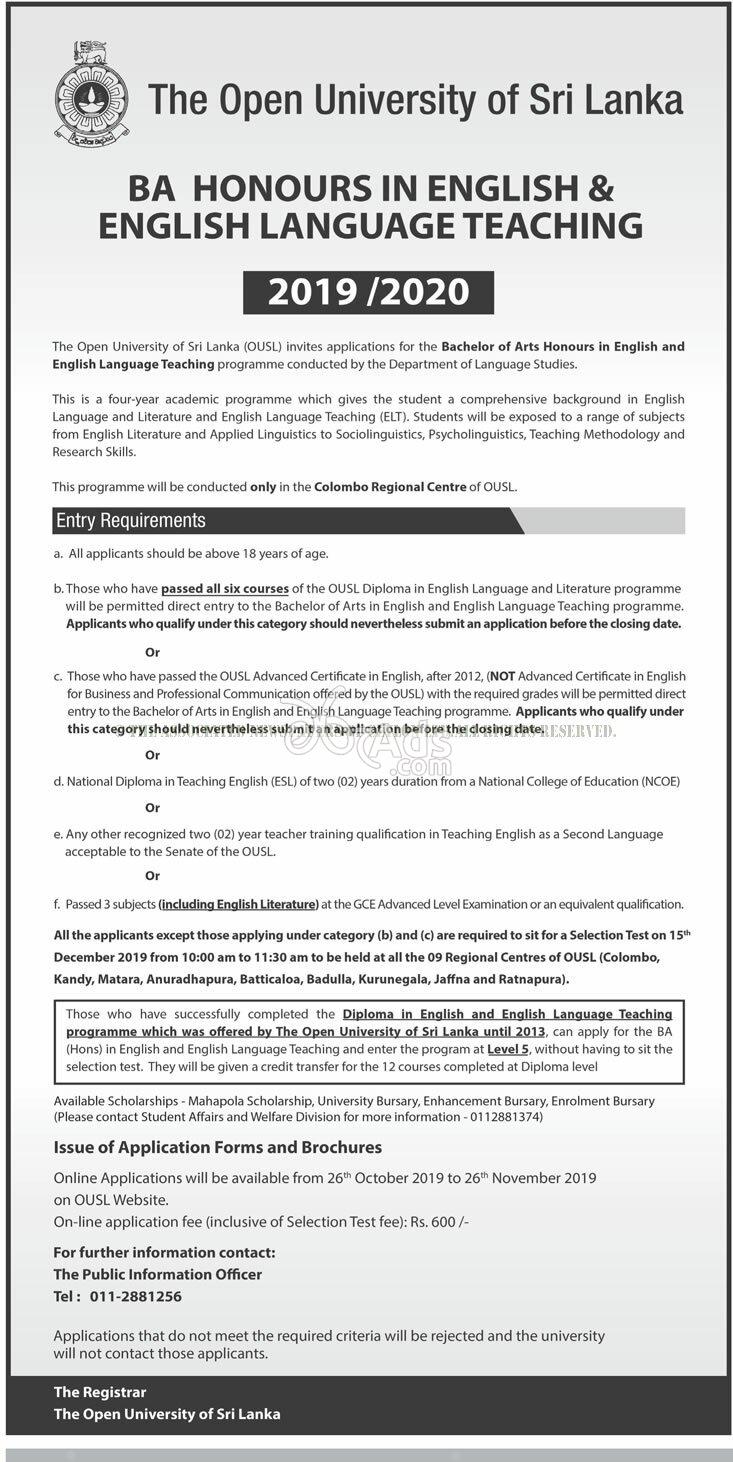 BA (Hons) in English & English Language Teaching at The Open University of Sri Lanka Colombo