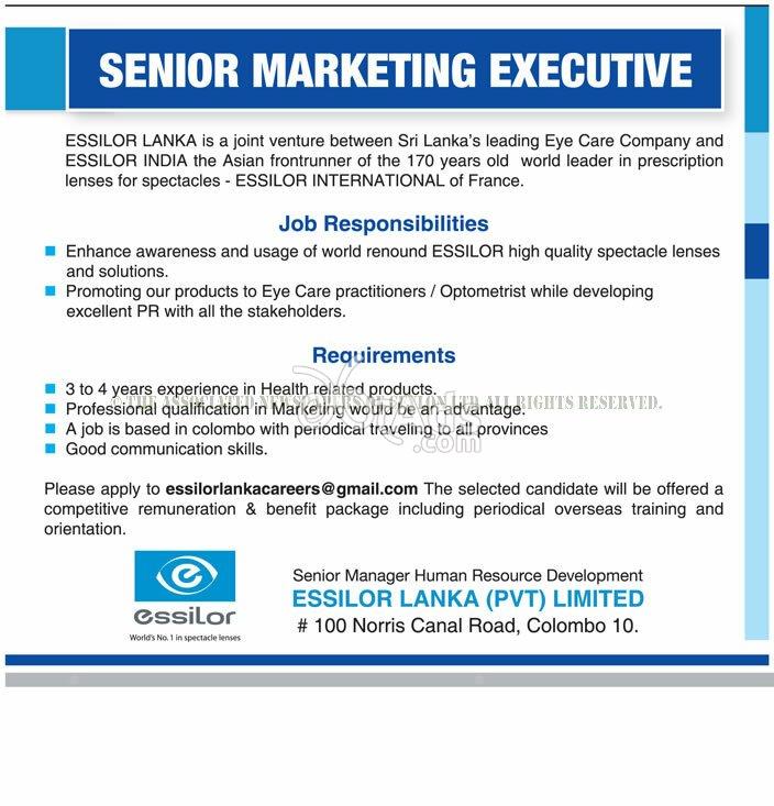 Senior Marketing Executive Vacancy at Essilor Lanka (Pvt) Ltd
