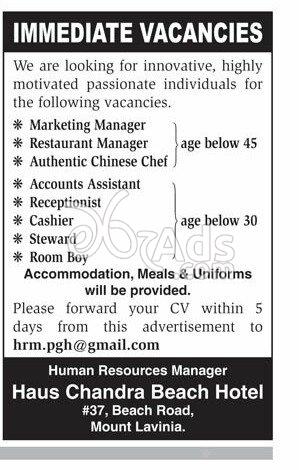 Manager, Chef, Receptionist, Cashier, Steward Vacancies at Haus Chandra Beach Hotel