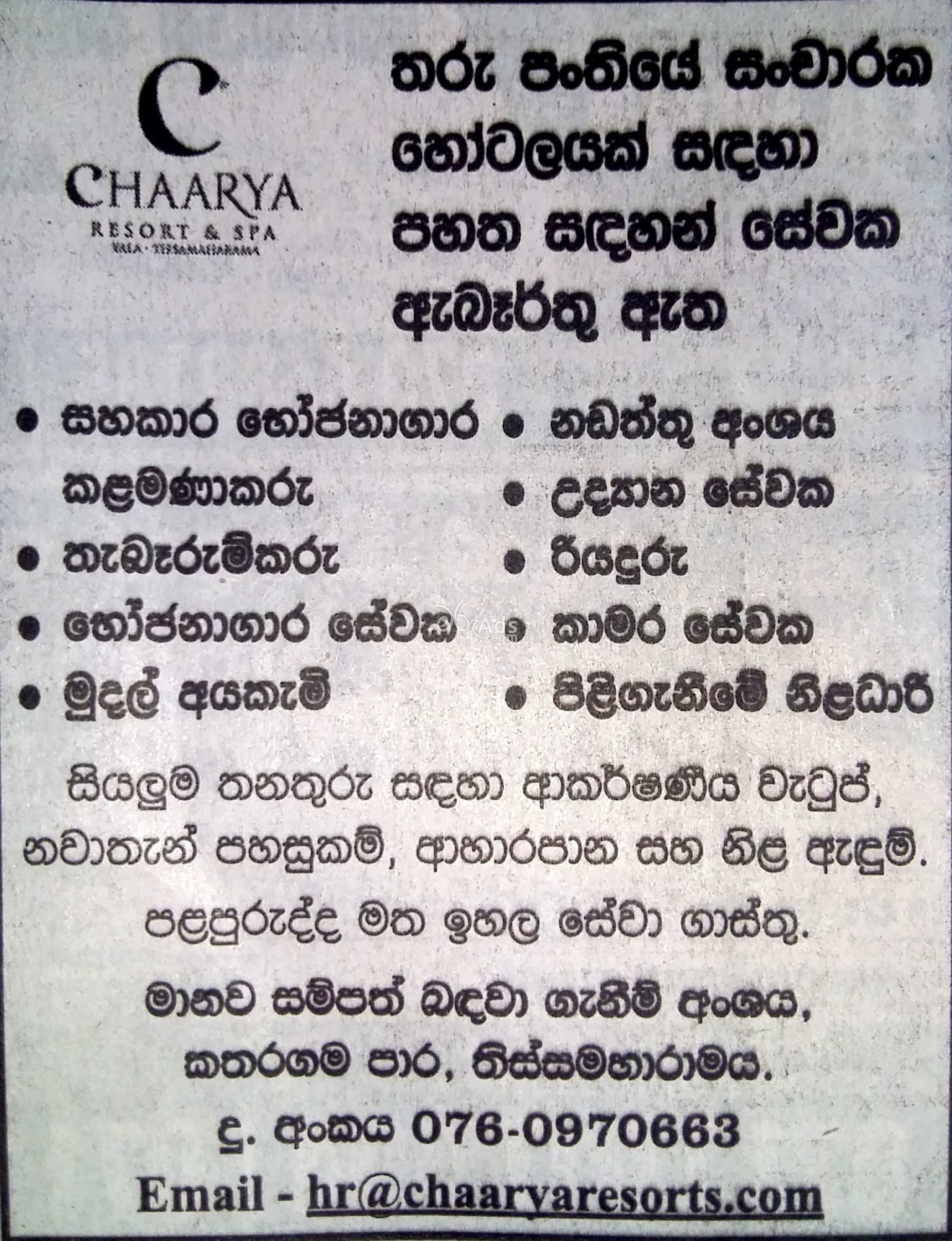 Manager, Barmen, Cashier, Driver, Receptionist Vacancies at Chaarya Resort & Spa