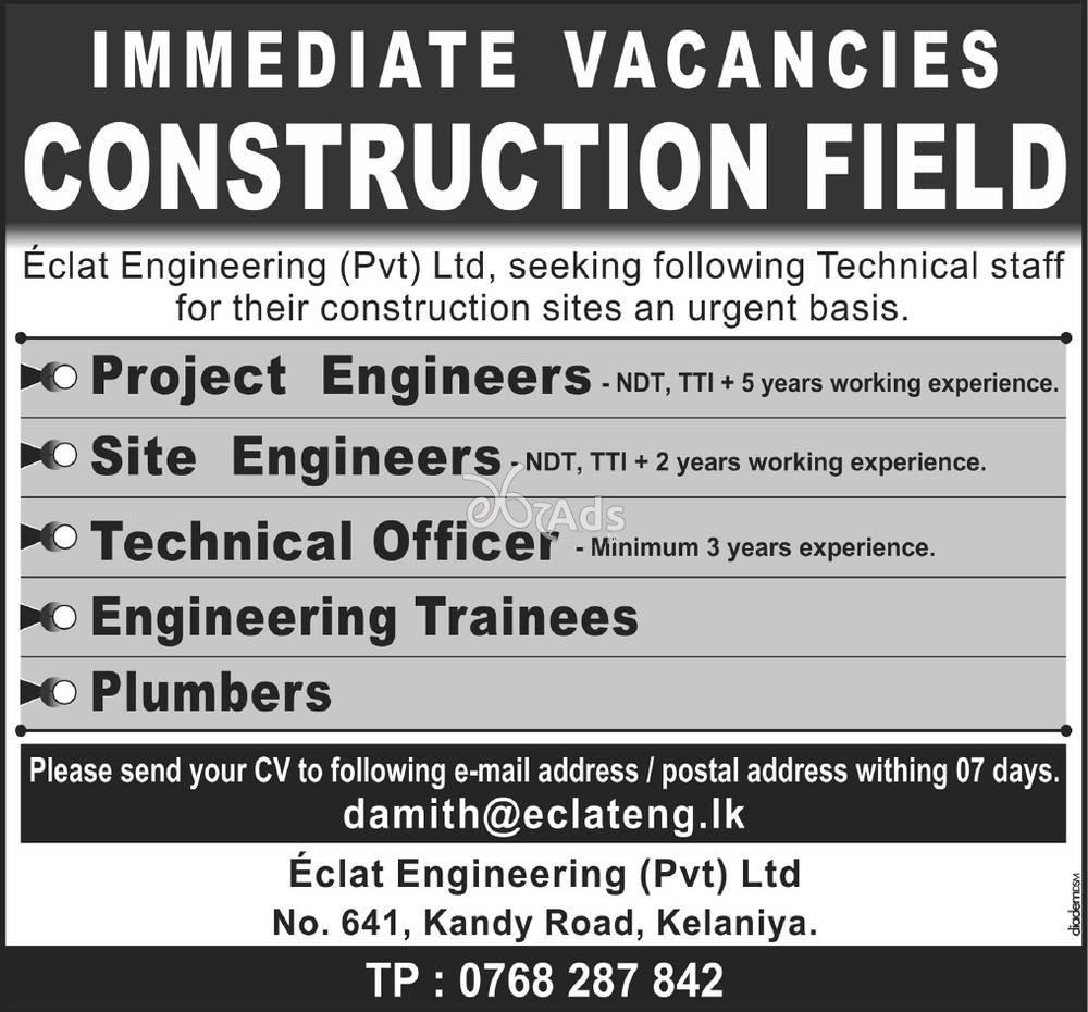 Project Engineers, Site Engineers, Technical Officer, Engineering Trainees, Plumbers - Eclat Engineering (Pvt)Ltd