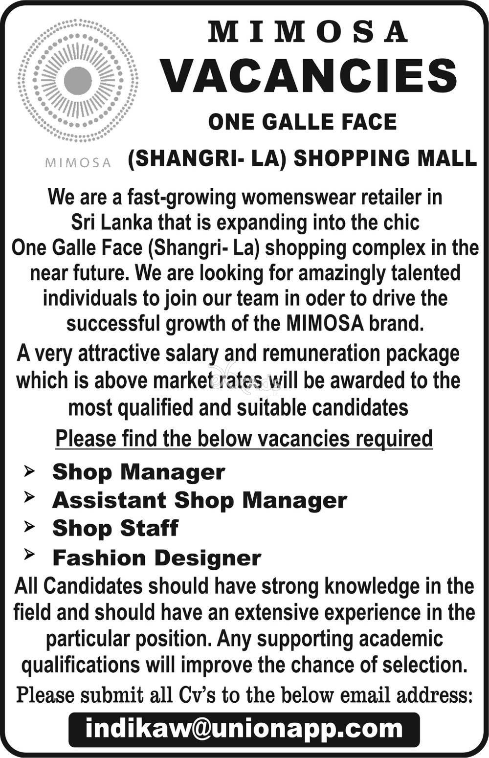 Shop Manager, Assistant Shop Manager, Shop Staff, Fashion - One Galle Face (Shangri-la)  Shopping Mall