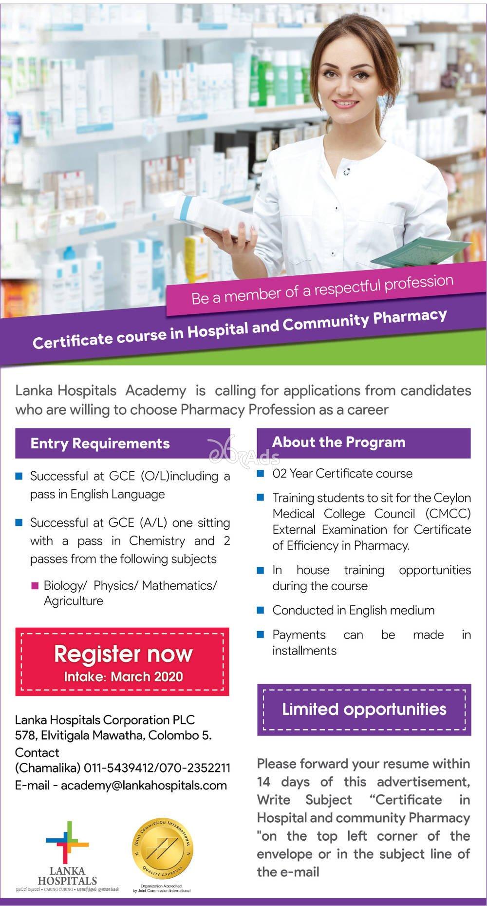 Certificate Course in Hospital and Community Pharmacy -Lanka Hospital