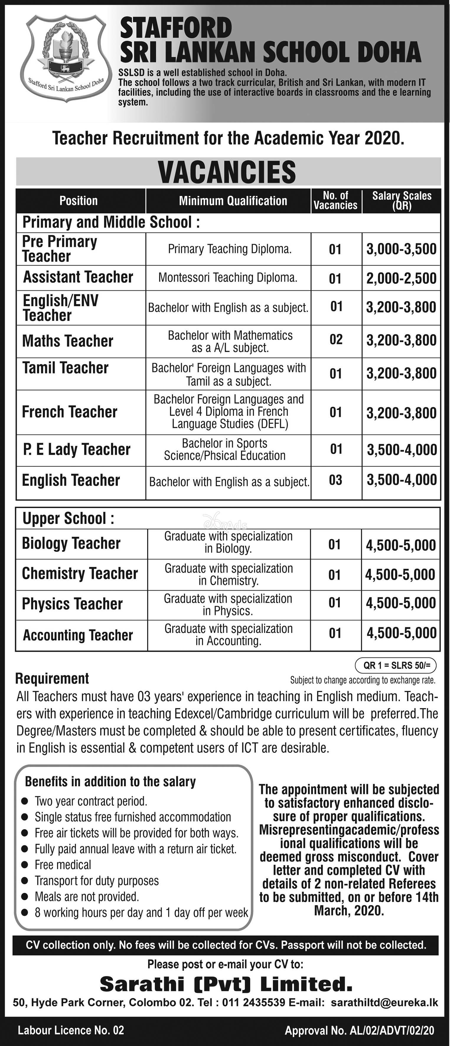 Pre Primary, English, Maths, Tamil, French, P.E Lady, Biology, Chemistry, Physics, Accounting Teachers,Assistant Teacher Vacancies