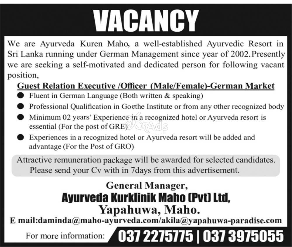 Guest Relation Executive/ Officer - Ayurveda Kurklinik Maho Pvt. Ltd