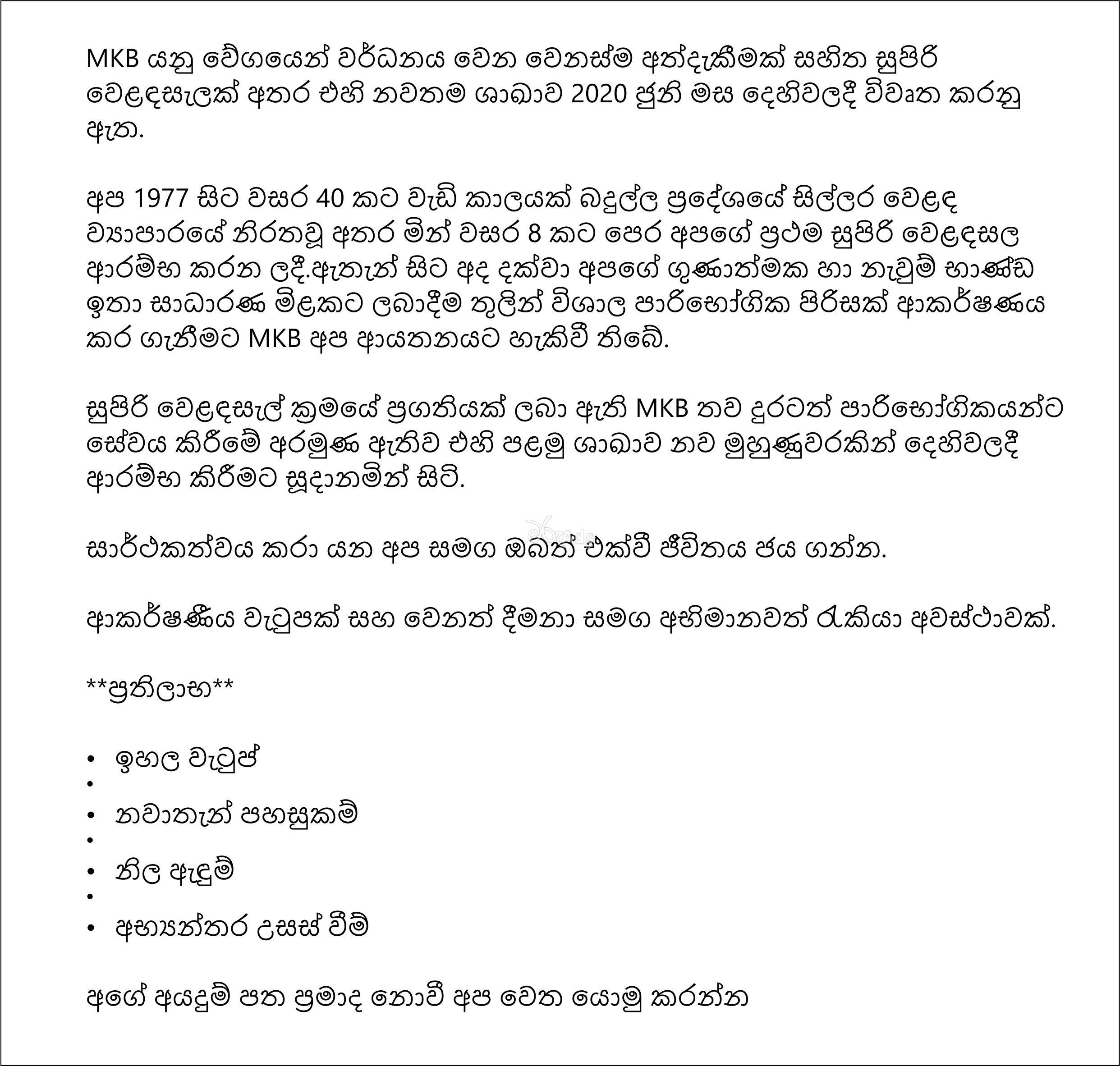 Sales Assistant -  MKB Ceylon (Private) Limited