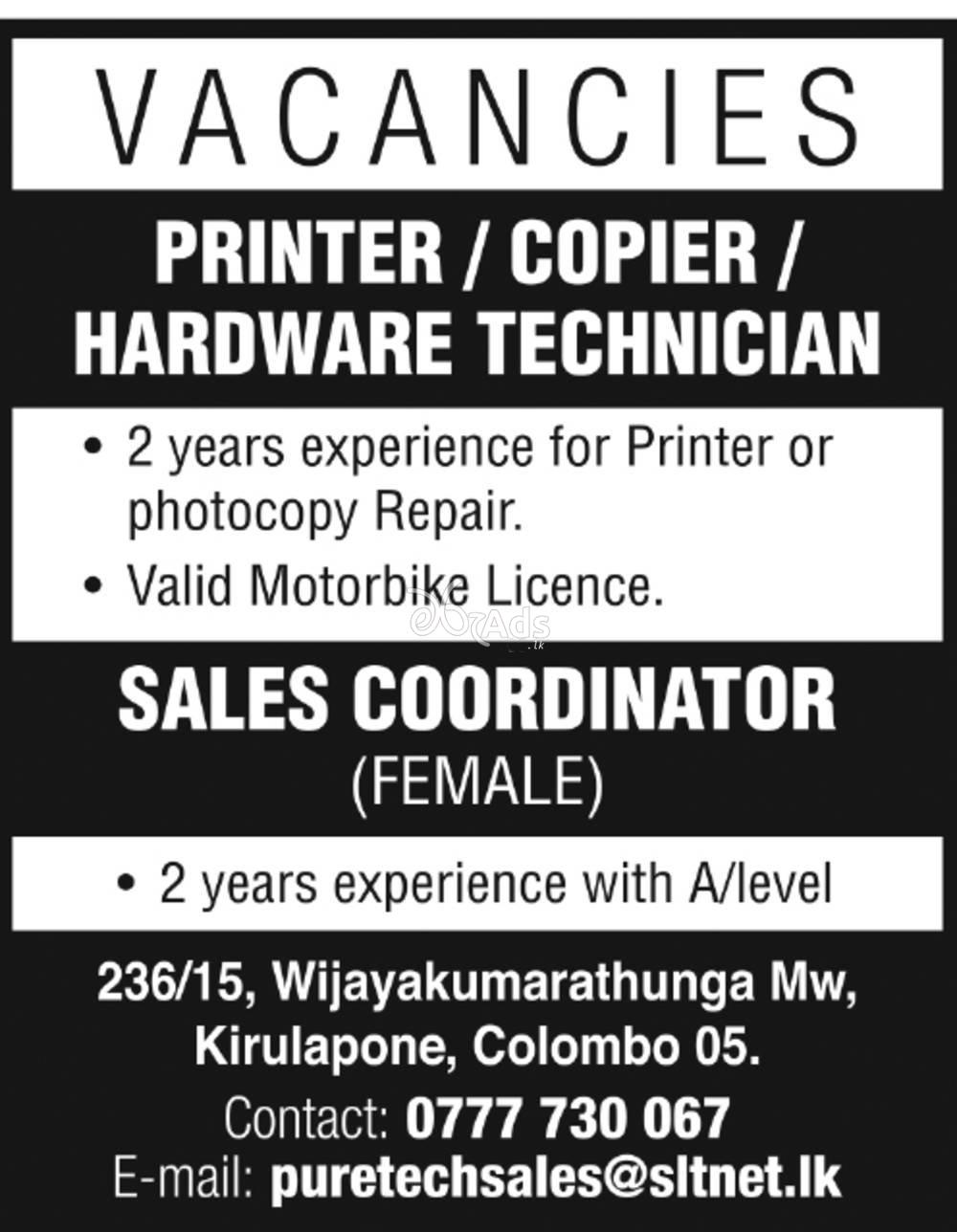 Hardware Technician, Printer, Copier, Sales Coordinator