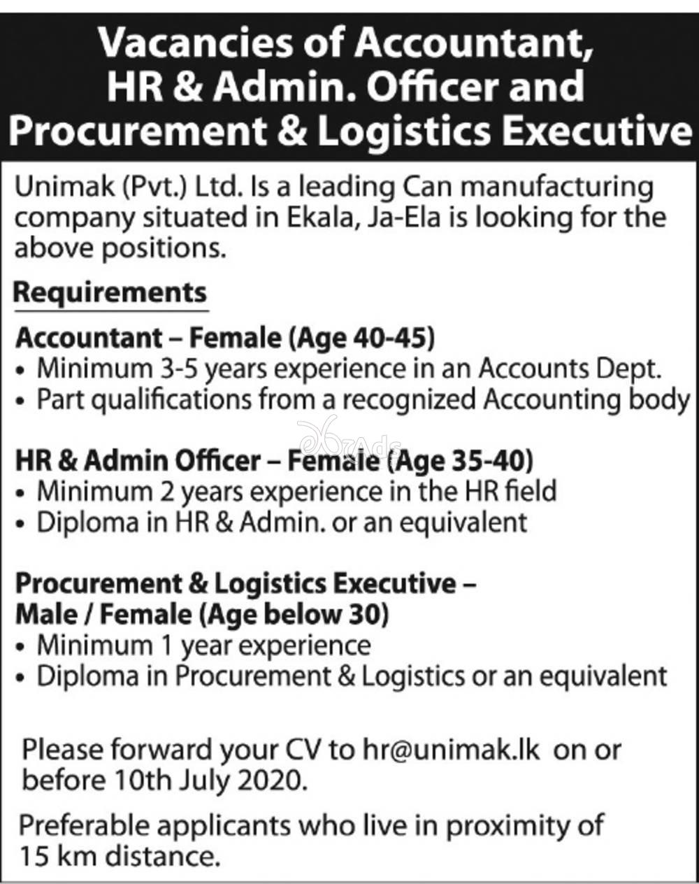 Accountant, HR & Admin Officer, Procurement & Logistics Executive - Unimak Pvt Ltd
