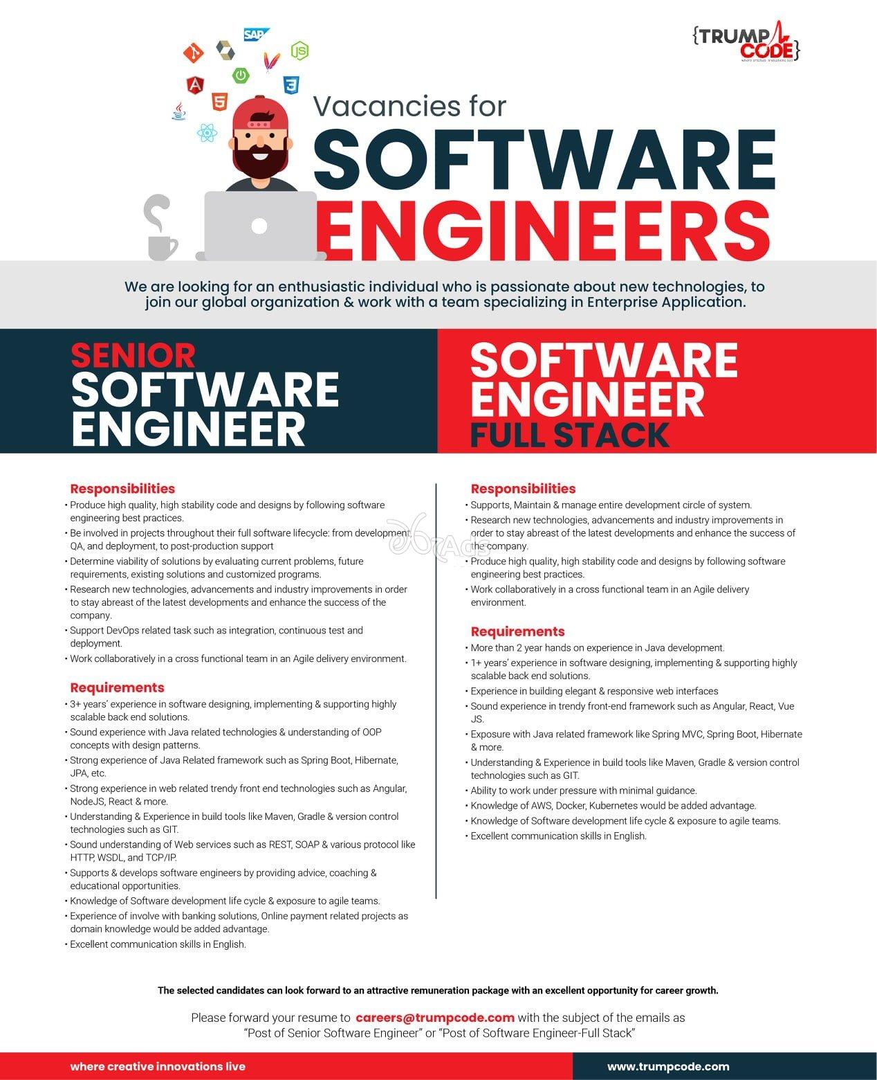 Senior Software Engineer, Full Stack software Engineer - Trump Code (Pvt) Ltd
