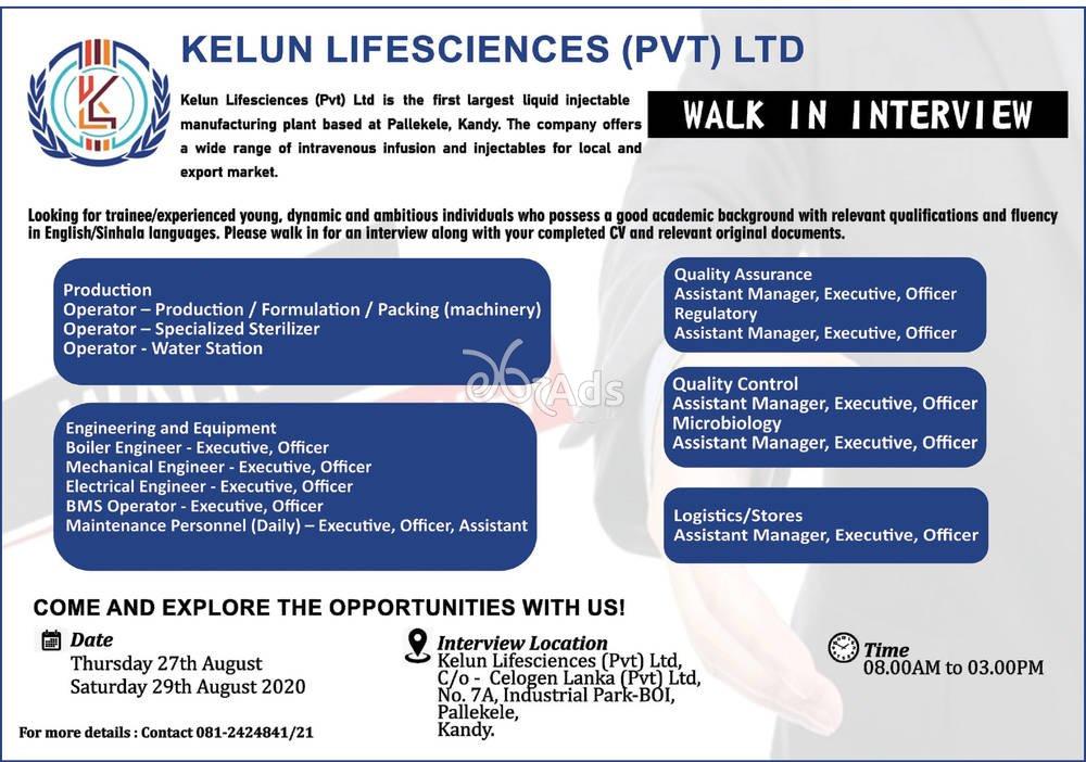 Operator,Engineer,  Officer, Executive, Quality Assurance, Manager, Executive -  kelun Lifesciences (Pvt) Ltd