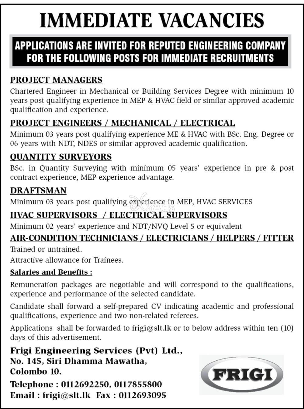 Manager, Engineer, Q S, Draftsman, Supervisor, Technician, Electrician, Helpers, Fitter - Frigi Engineering Services (Pvt) Ltd