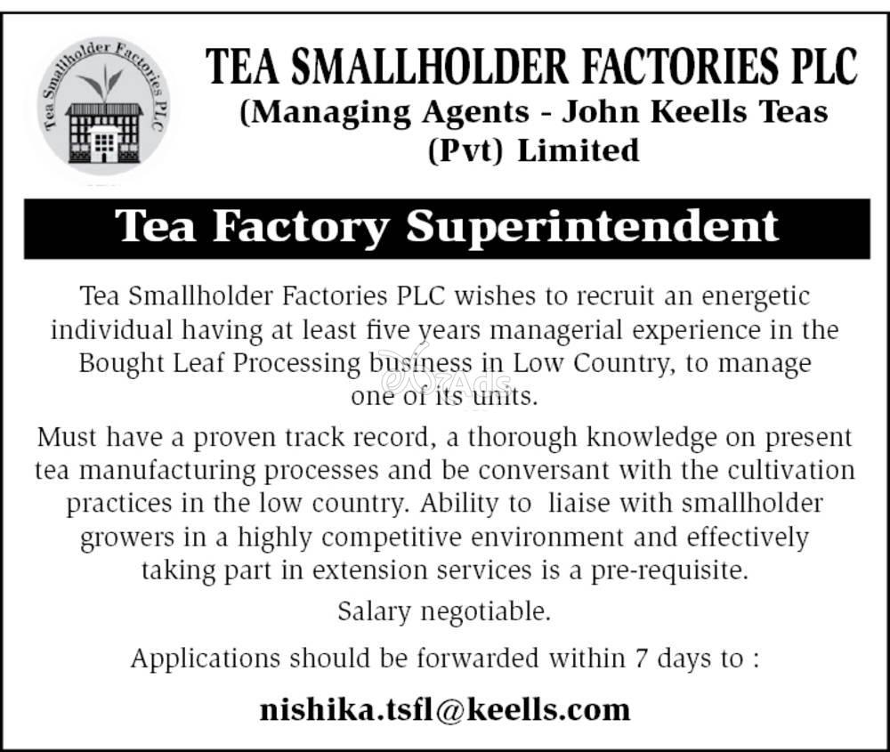 Tea Factory Superintendent Tea Smallholder Factories Plc