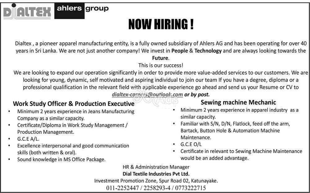 Work Study Officer, Production Executive, Sewing Machine Mechanic