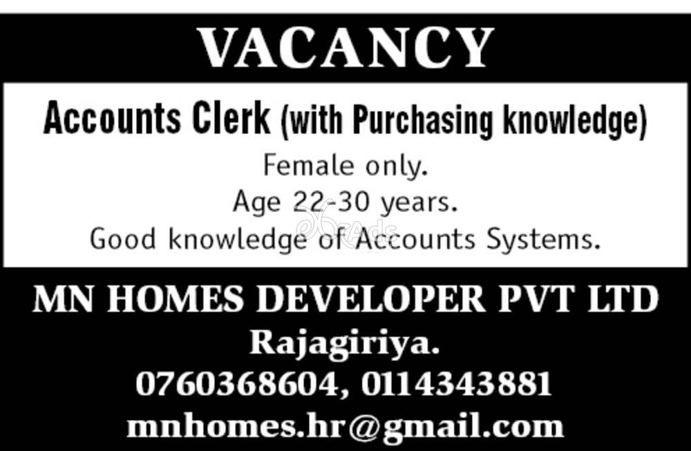 Accounts Clerk MN Homes Developer Pvt Ltd Rajagiriya