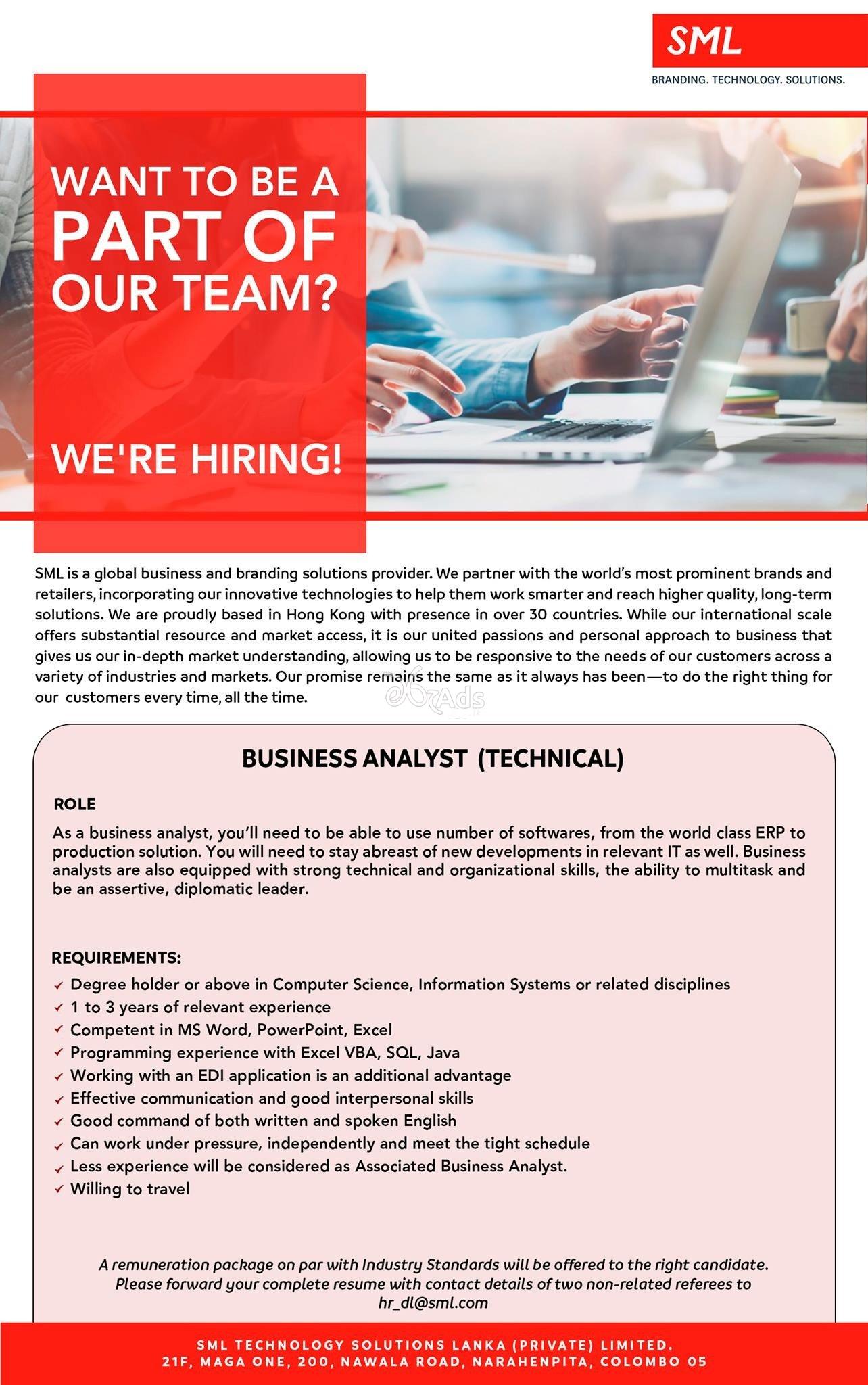 Business Analyst (Technical) - SML Dualplast Lanka (Pvt) Ltd