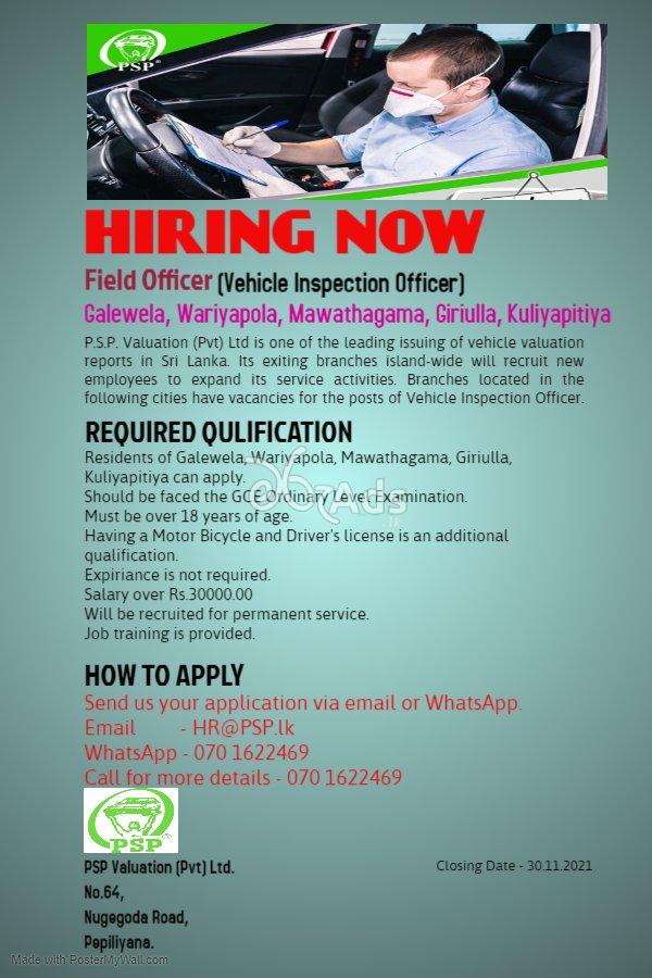 Field Officer, Vehicle Inspection Officer PSP Valuation (Pvt) Ltd