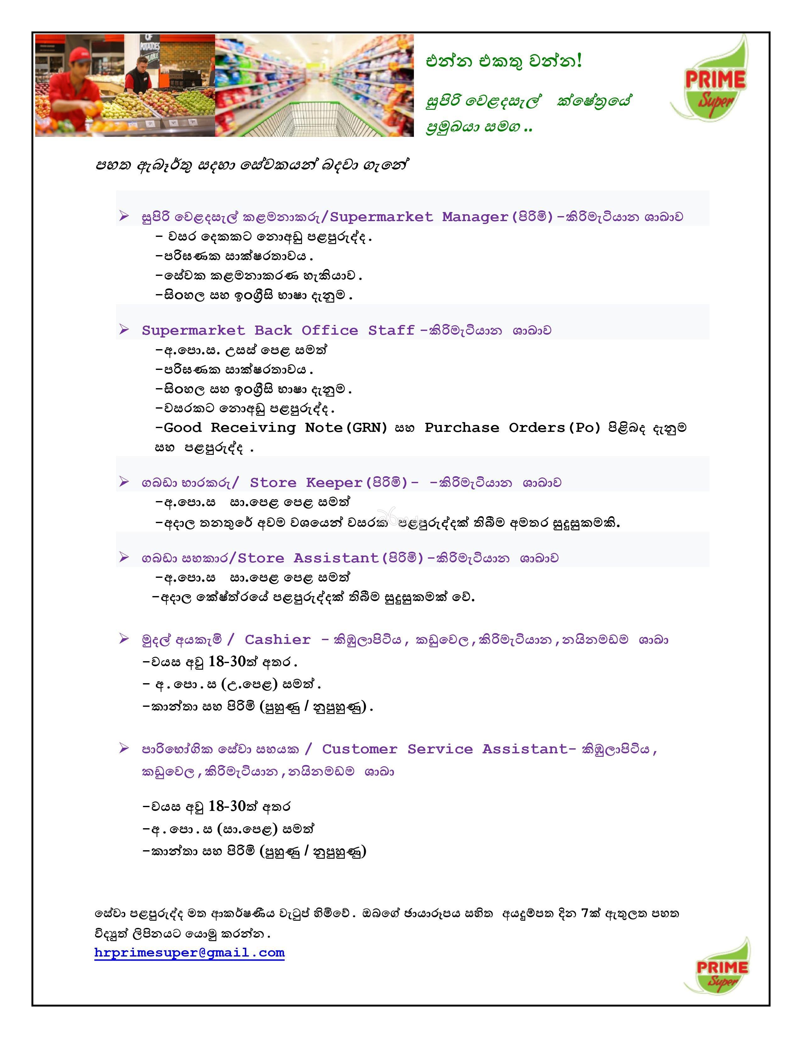 Supermarket Back Office Staff, Store Keeper, Customer Service Assistant, Manager - C S L Holdings Lanka (Pvt) Ltd