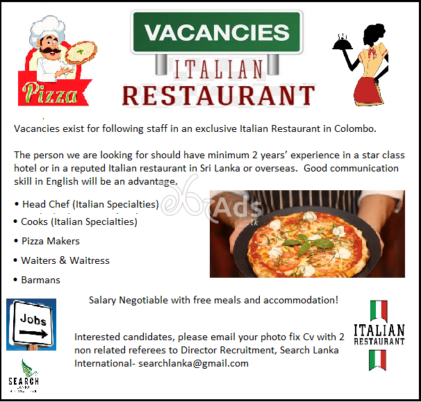 Vacancies in a Italian Restaurant in Colombo