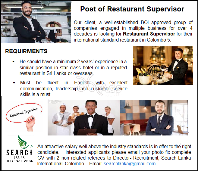 Post of Restaurant Supervisor - Search Lanka international
