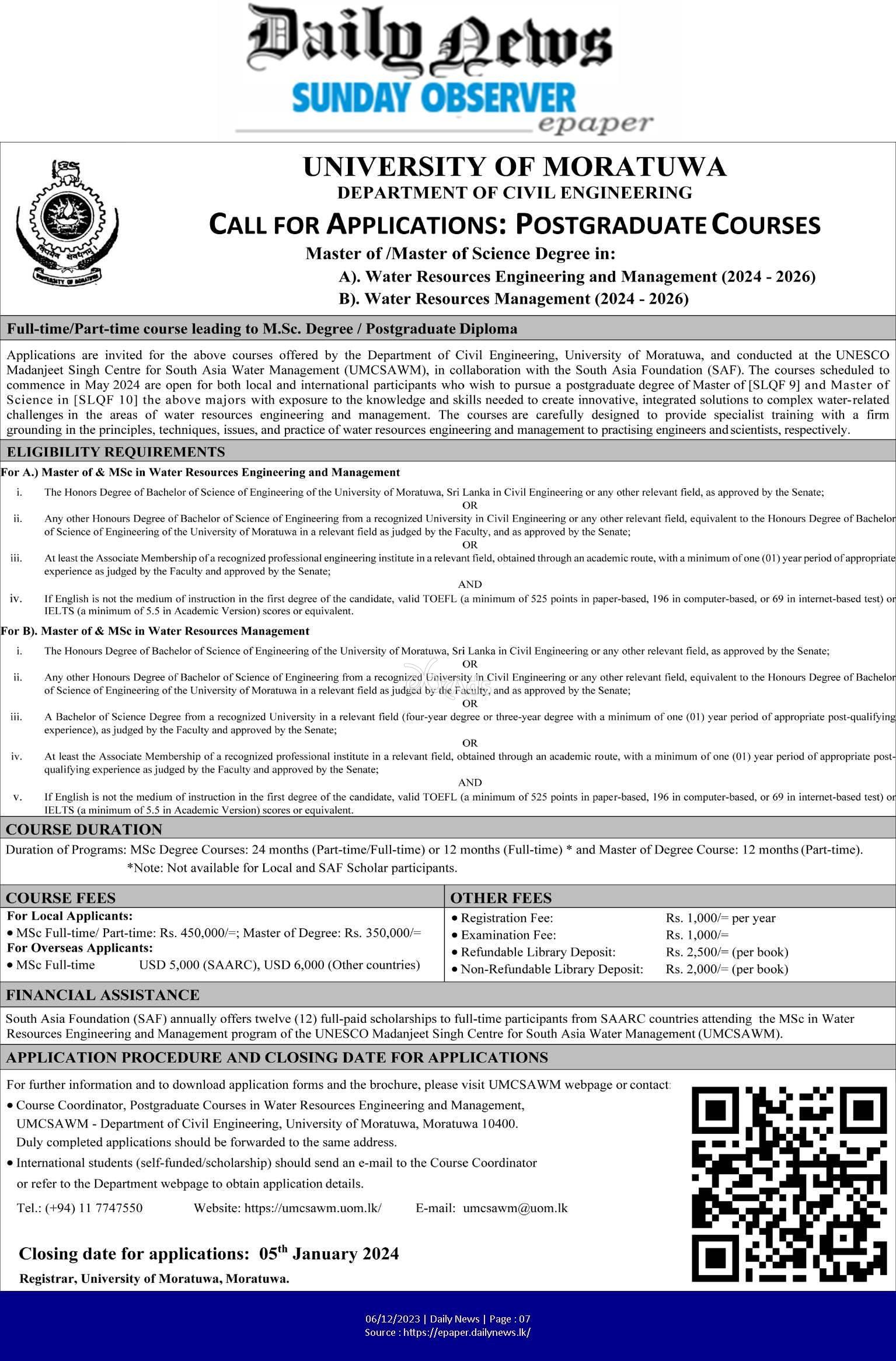 Postgraduate Courses in Master of Science Degree - University of Moratuwa