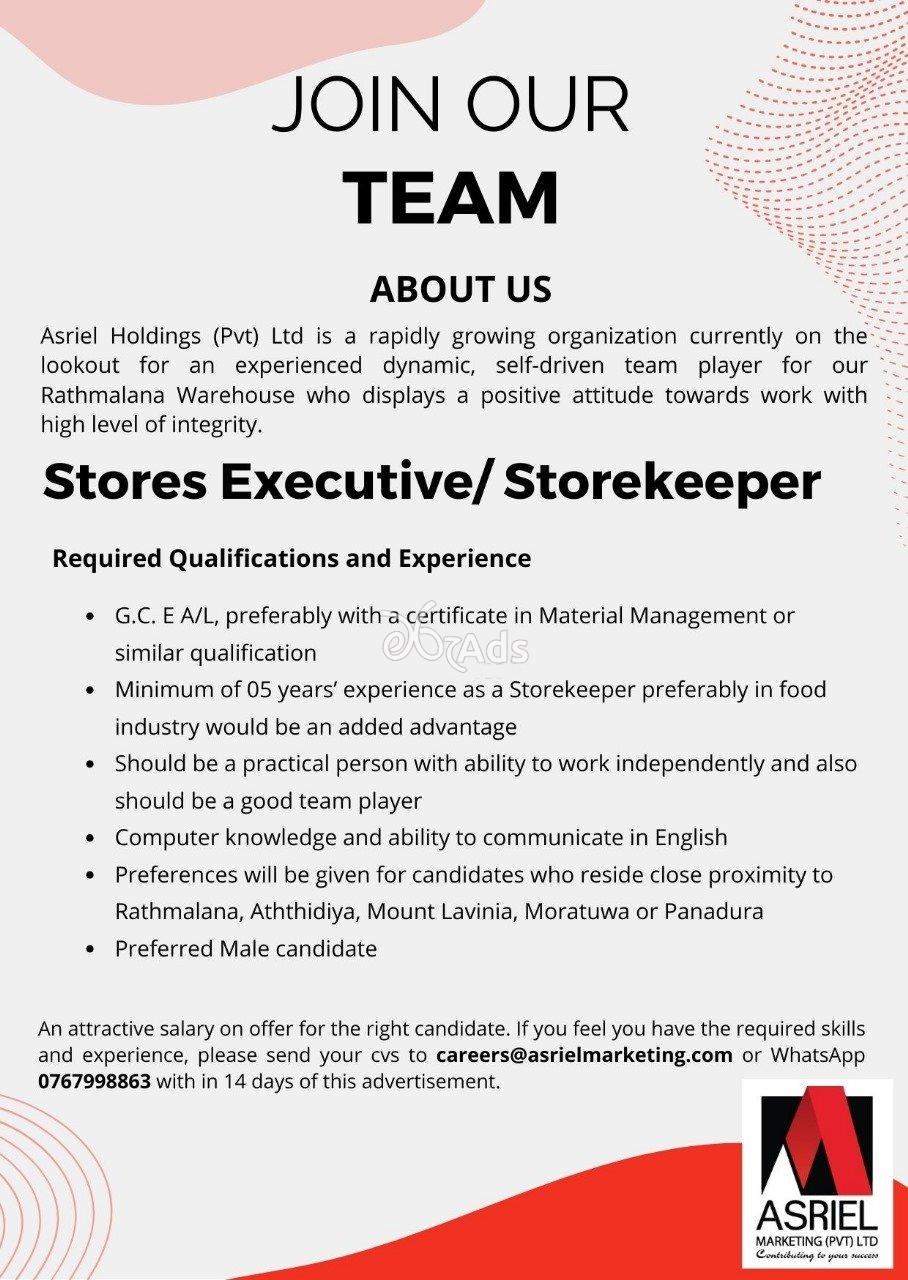 Store Executive, Store Keeper- Asriel Marketing (Pvt) Ltd