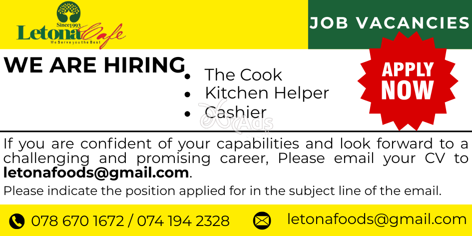 Cook, kitchen Helper, Cashier