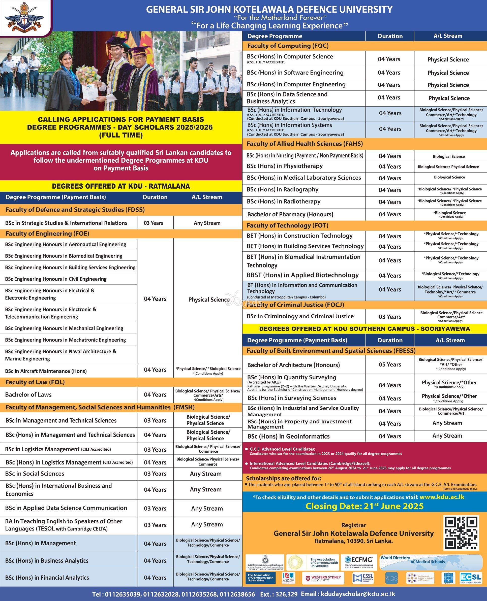 Calling Applications for Admission to Degree Programmes (Day Scholars) 2025/2026 (Intake 43) (Full Time) at the General Sir John Kotelawala Defence University (KDU)