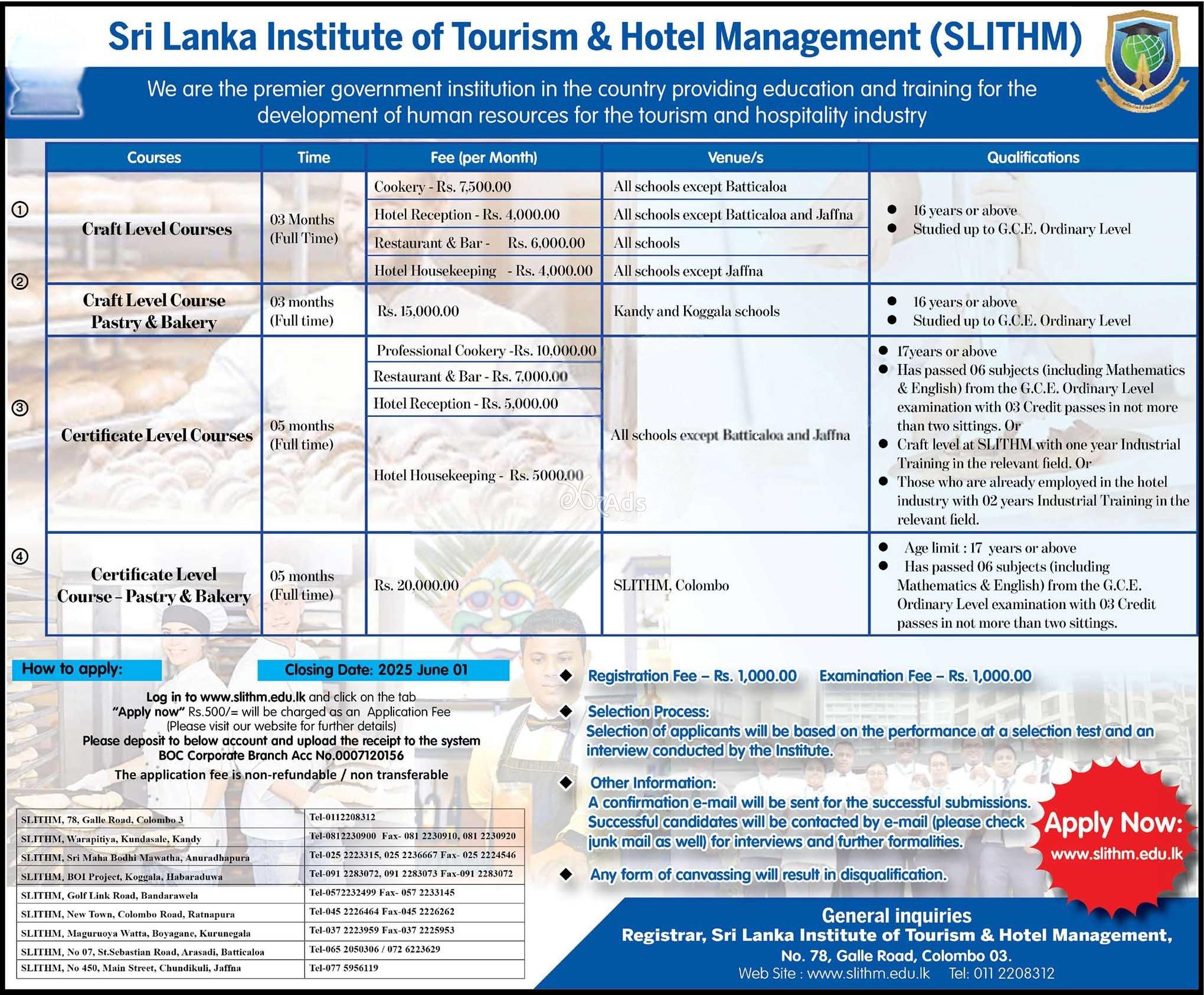 Calling Applications for Tourism & Hotel Management Courses (2025 Intake – May) Conducted by the Sri Lanka Institute of Tourism & Hotel Management