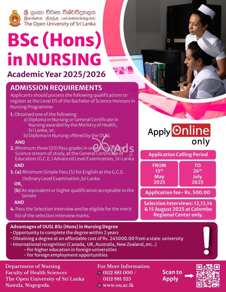 Calling Applications for Bachelor of Science Honours in Nursing conducted by Open University of Sri Lanka