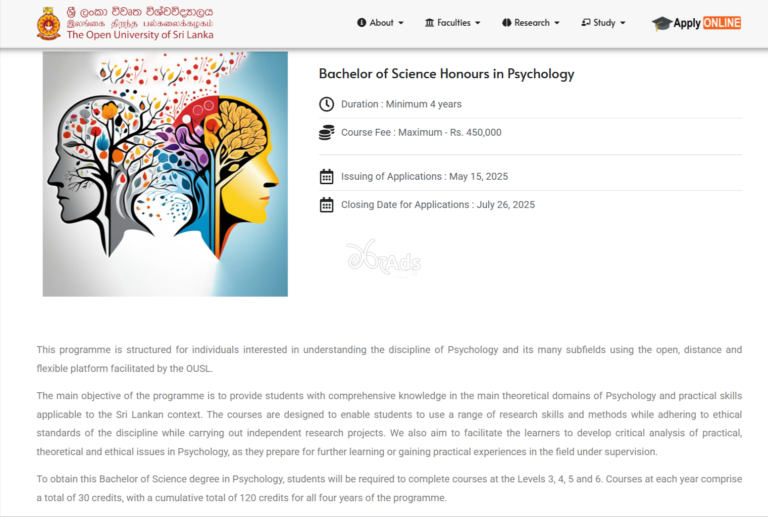 Calling application for Bachelor of Science Honours in Psychology conducted by Open University of Sri Lanka