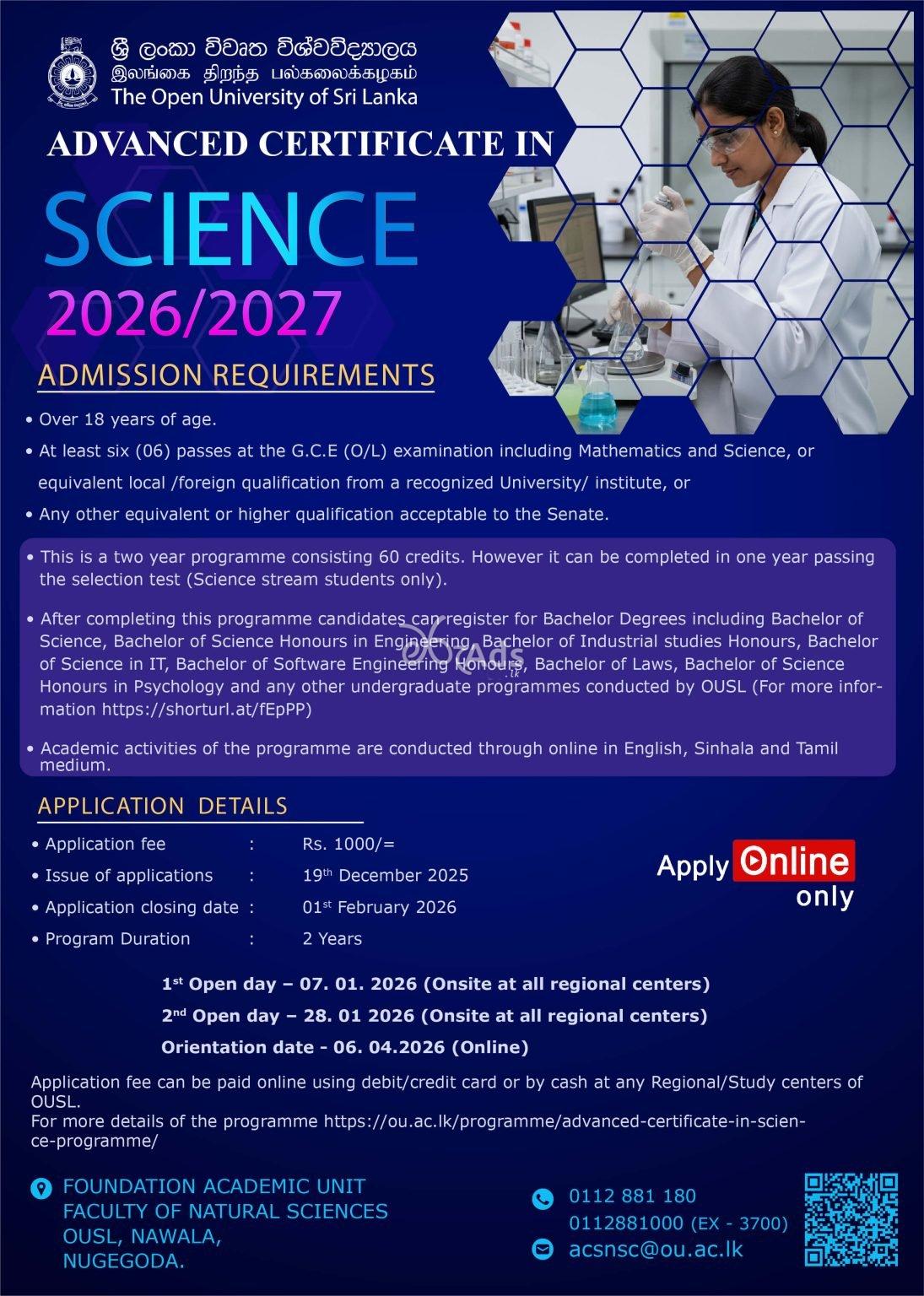 Advanced Certificate in Science programme - Open University of Sri Lanka.