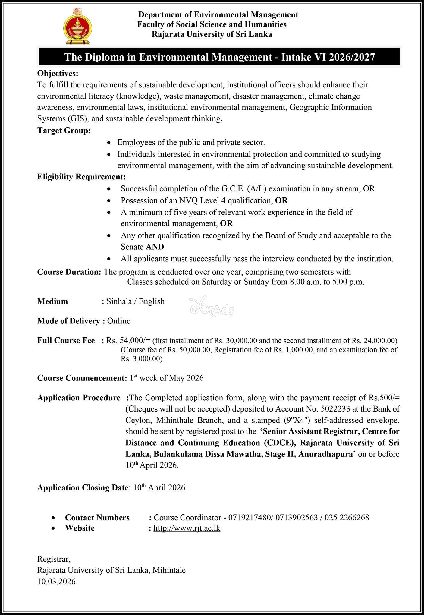 Diploma in Environmental Management - Rajarata University