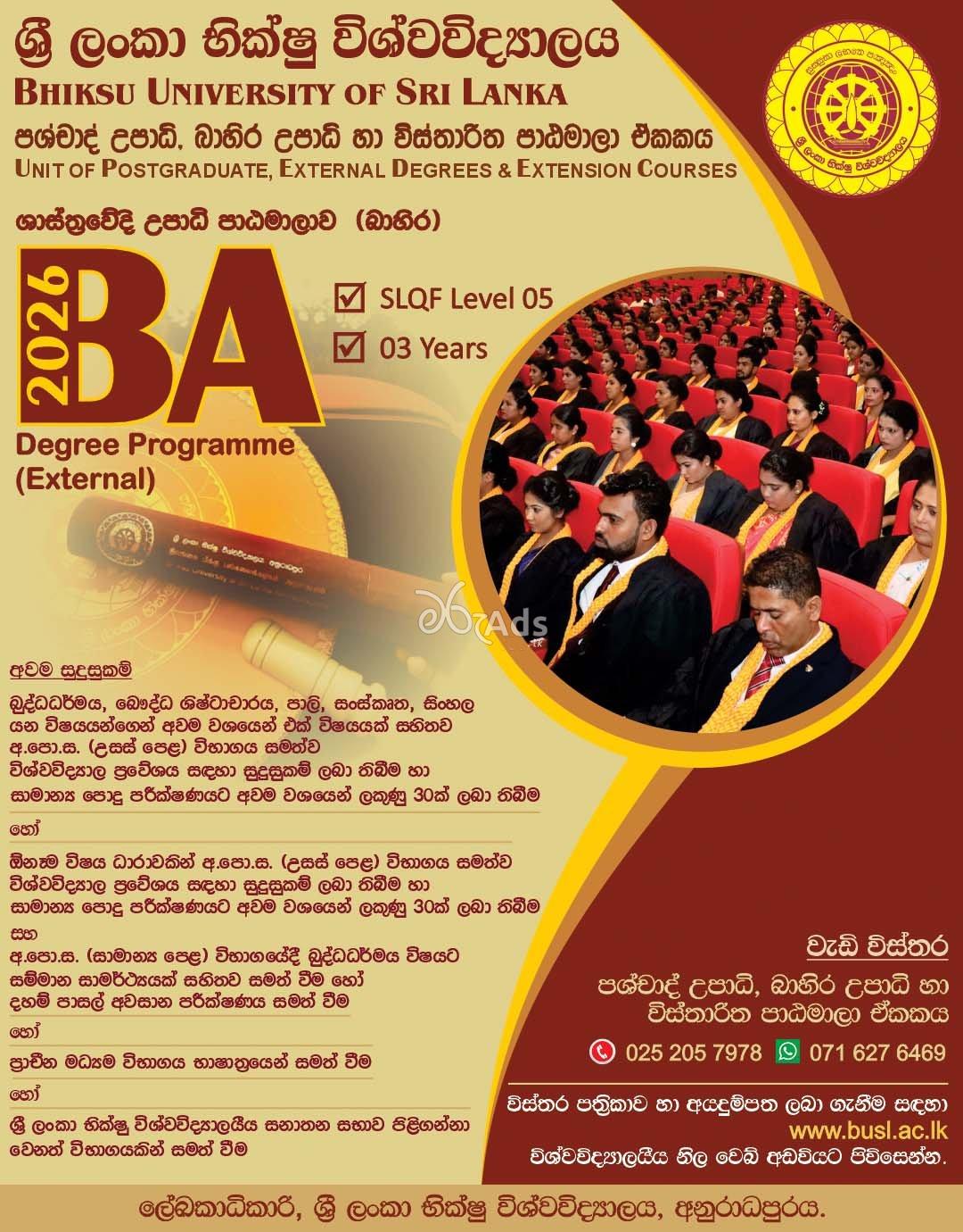 Bachelor of Arts External Degree - Bhiksu University of Sri Lanka