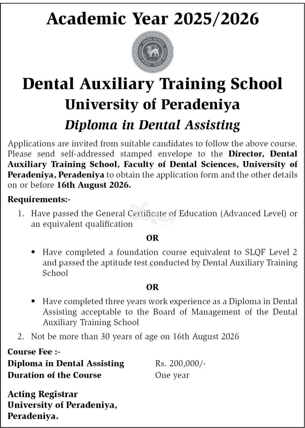 Diploma in Dental Assisting - University of Peradeniya