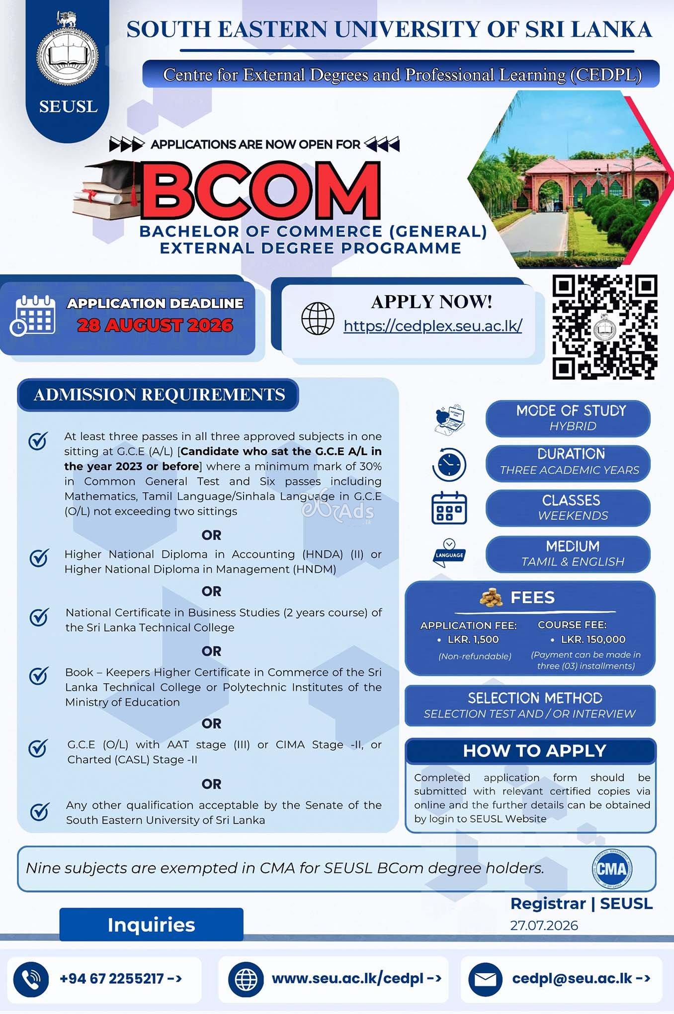 Bachelor of Commerce (BCom) External Degree Programme 2026 - South Eastern University