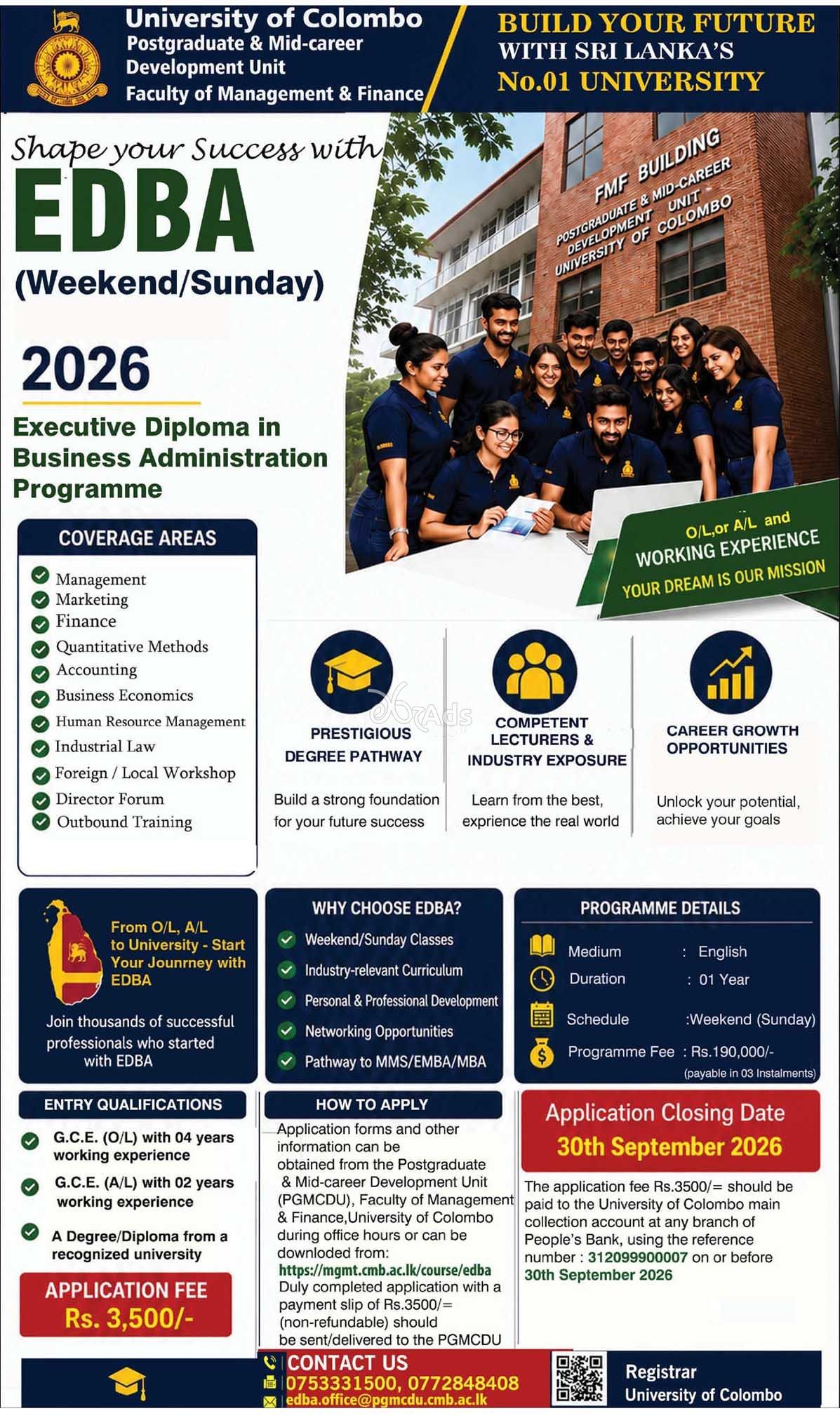 Executive Diploma in Business Administration 2026 - University of Colombo